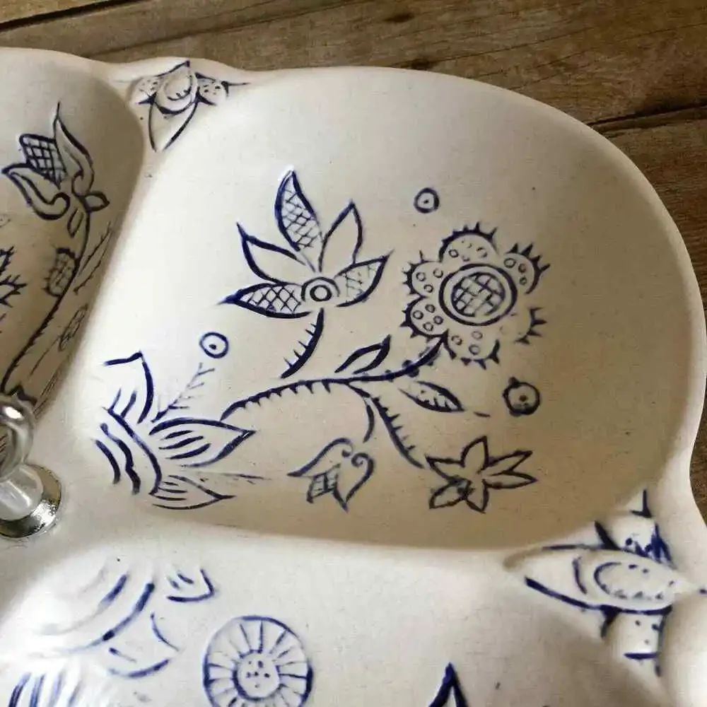 California Pottery Vintage White & Blue Floral Divided Serving Tray - Ceramic